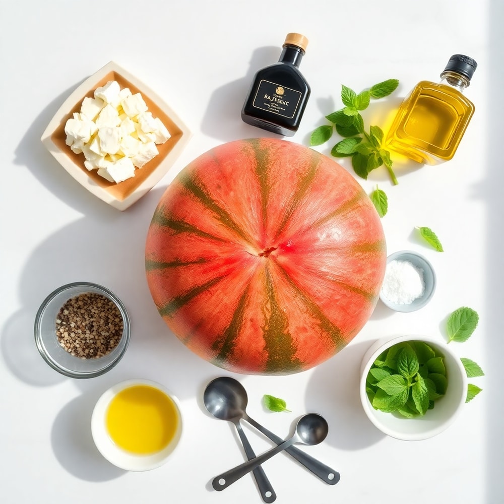 Watermelon pizza ingredients flat lay