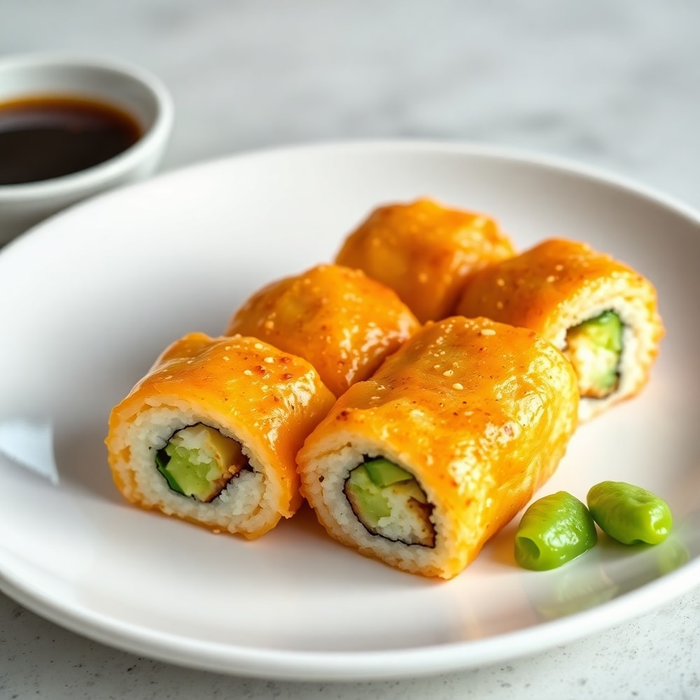Easy Sushi Bake plated with soy sauce and wasabi