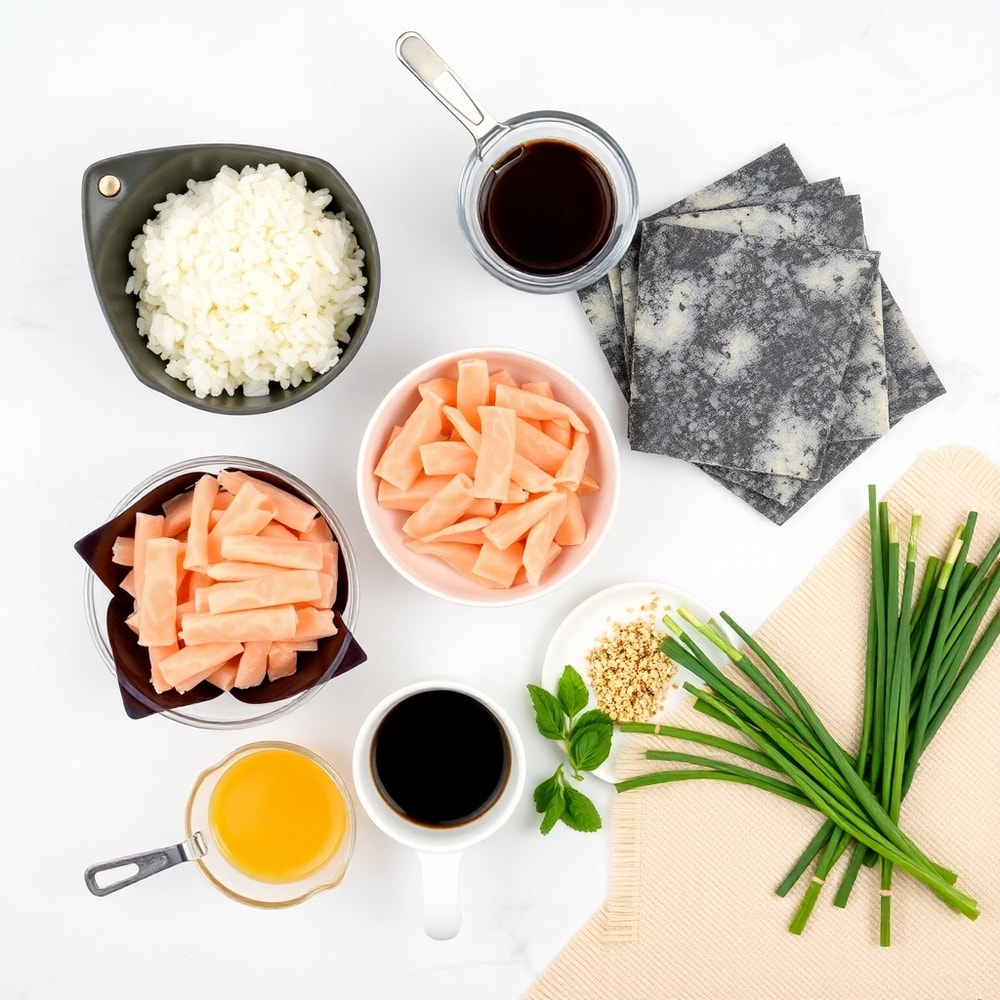 Raw ingredients for Easy Sushi Bake arranged on a white marble surface