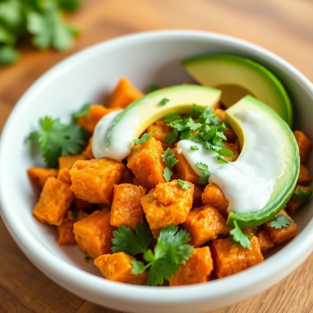 Perfectly Plated Sweet Potato Taco Bowl with Cilantro Lime Crema