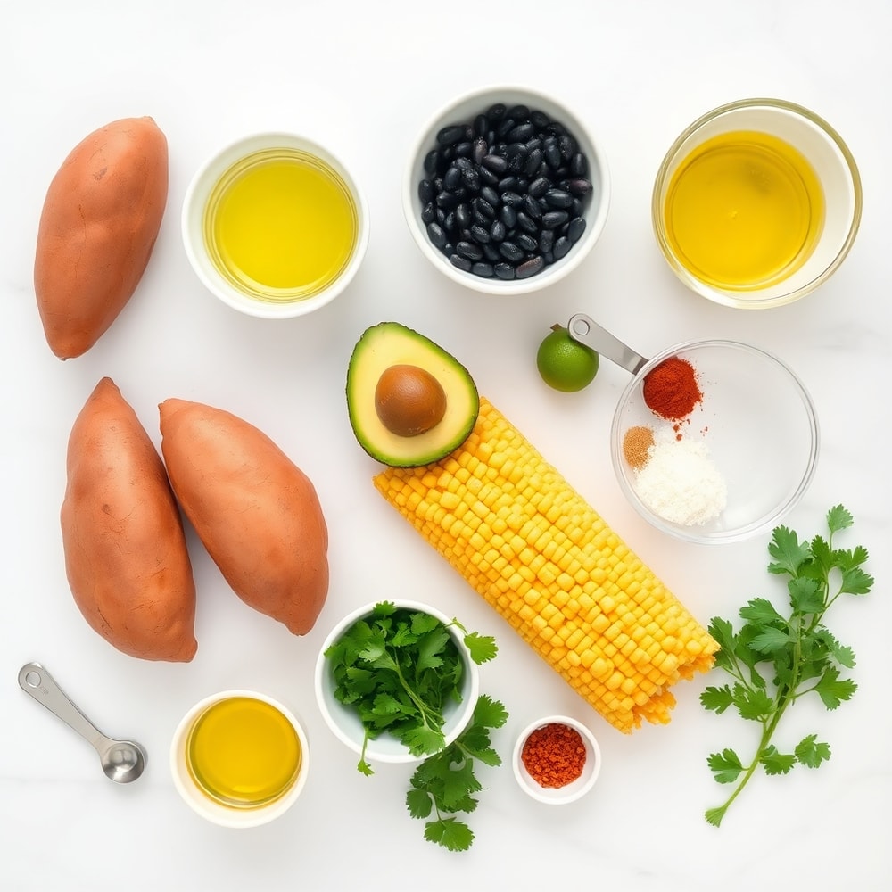 Raw Ingredients for Sweet Potato Taco Bowl: Sweet Potatoes, Black Beans, Corn, Avocado, Limes, etc.