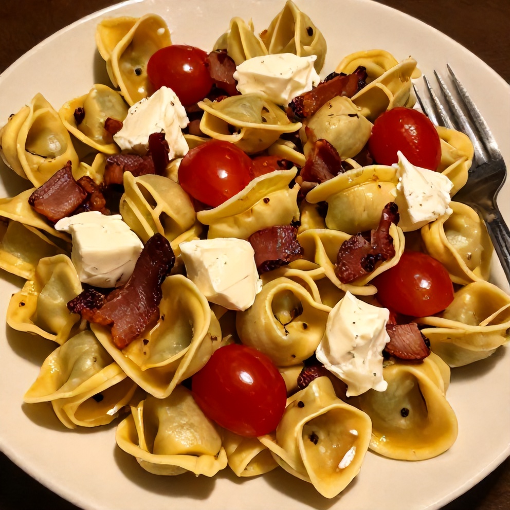 Finished easy tortellini pasta salad with Italian dressing, crispy bacon, and fresh cherry tomatoes
