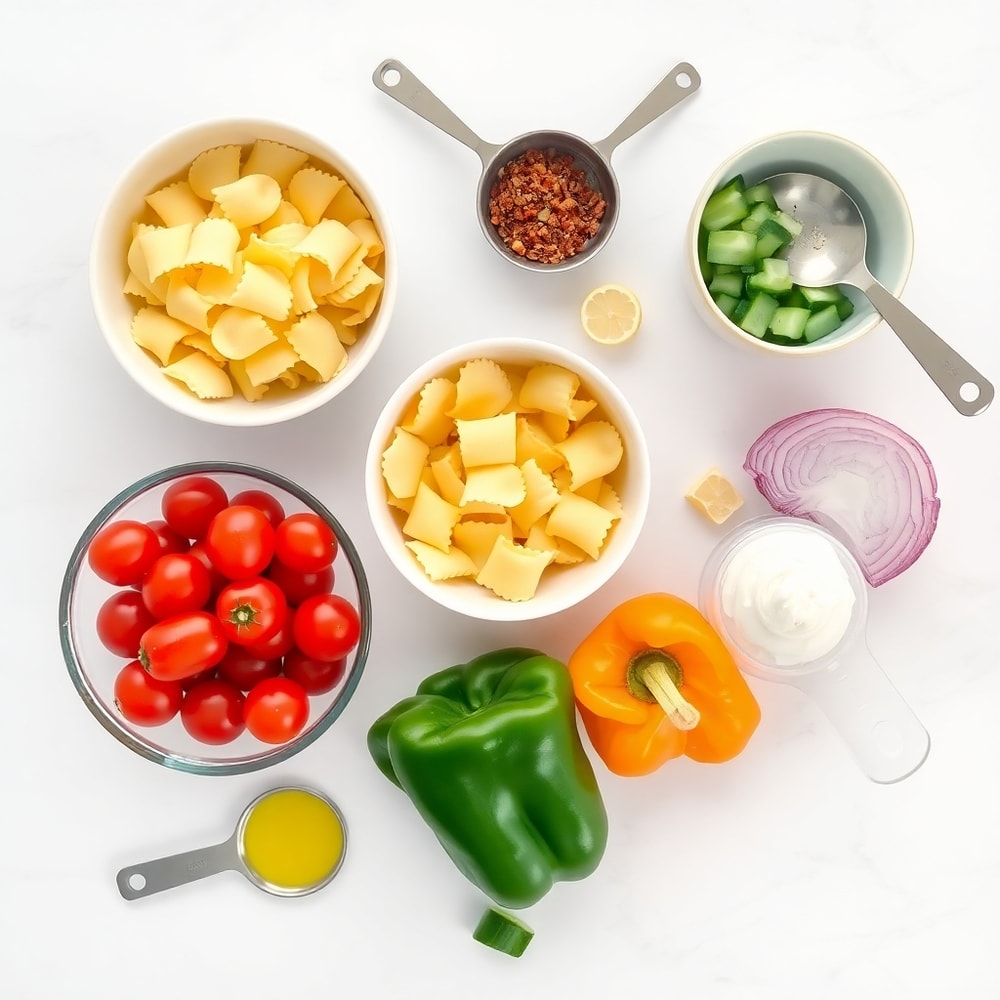 Raw ingredients for easy tortellini pasta salad: cheese tortellini, cherry tomatoes, cucumber, bell pepper, red onion, Italian dressing, bacon, mozzarella, and parsley