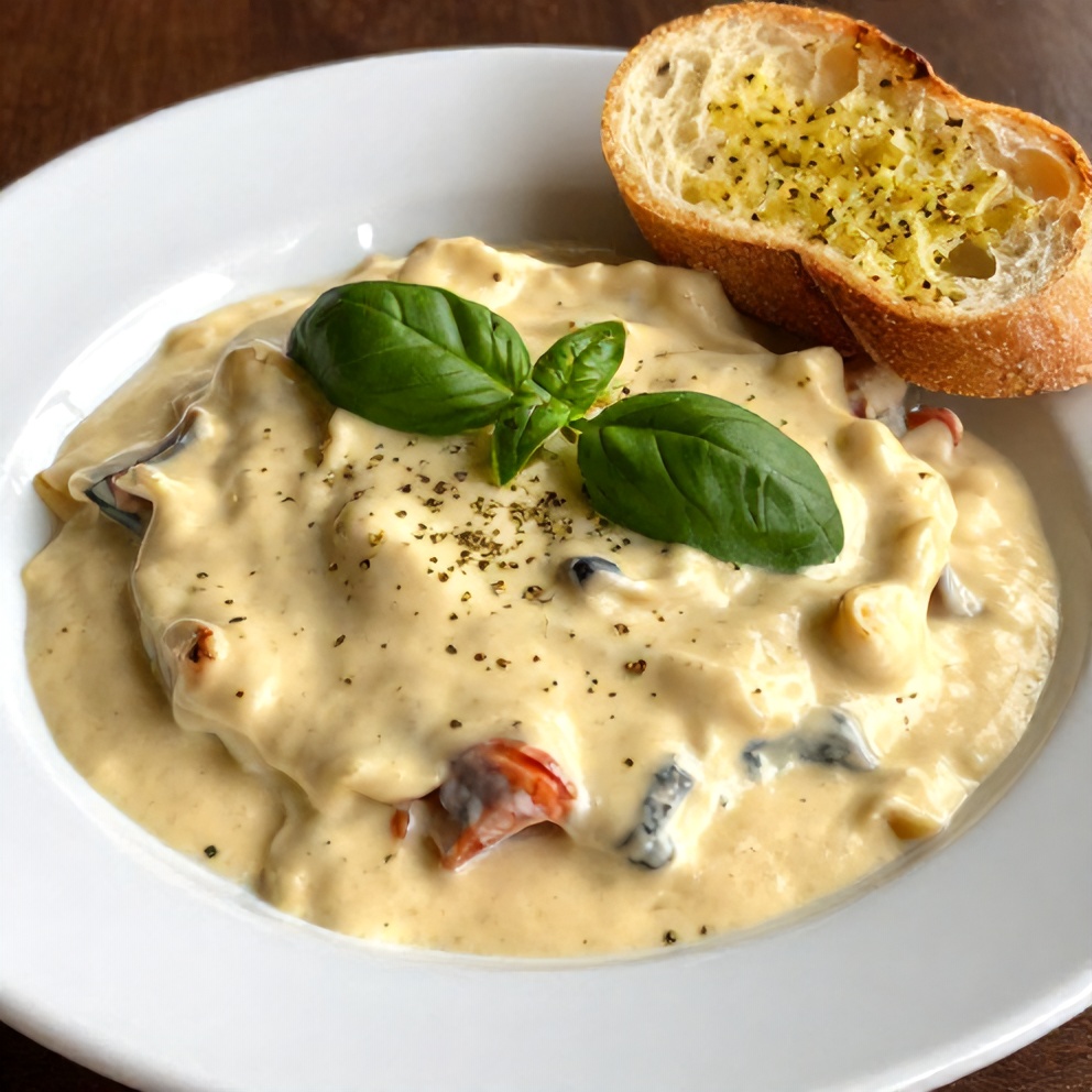 Plated serving of Zuppa Toscana Casserole with a side of garlic bread