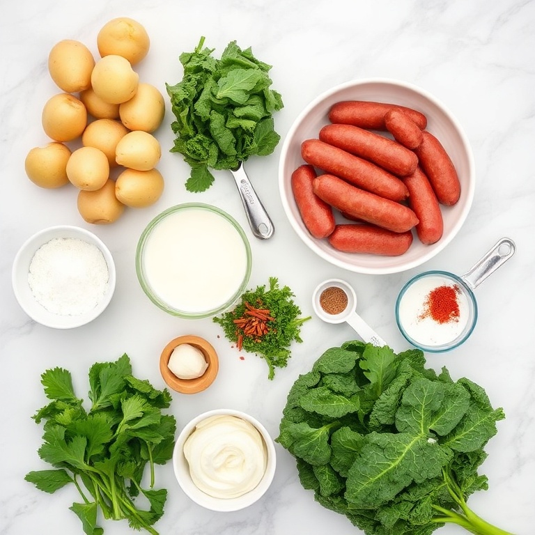 Raw ingredients for Zuppa Toscana Casserole on a wooden surface