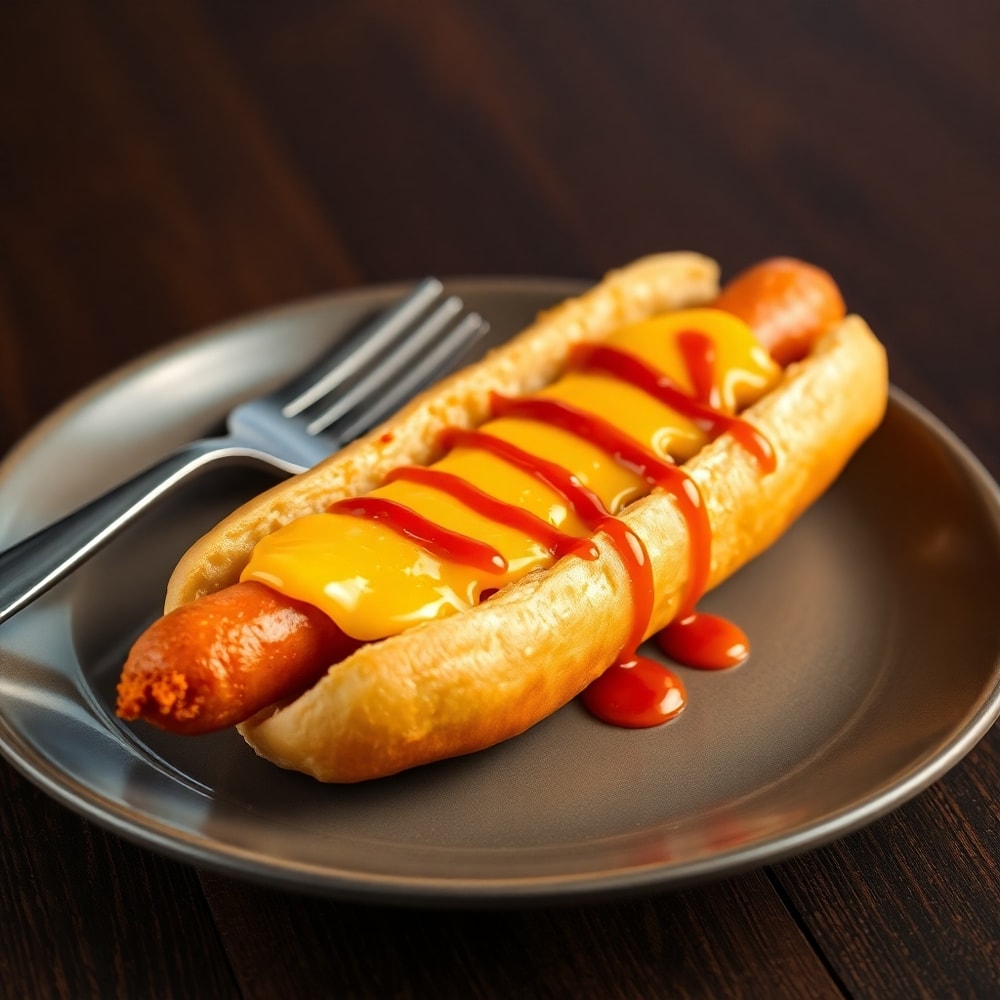 Plated firecracker hot dog with melted cheese and secret sauce