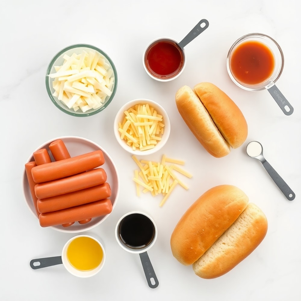 Hot dog ingredients including buns, dogs, cheese, and sauce