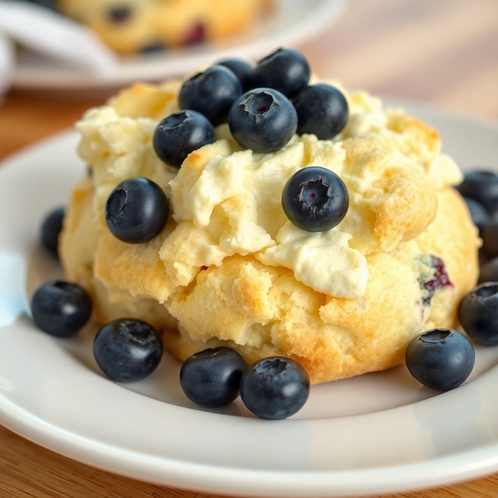 Fluffy Cottage Cheese Blueberry Cloud Bread with blueberries on a plate
