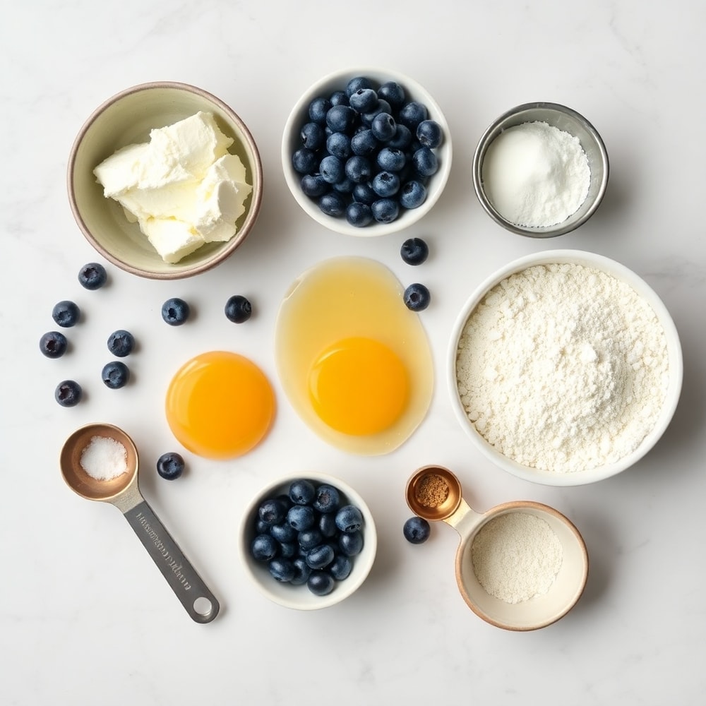 Raw ingredients for Fluffy Cottage Cheese Blueberry Cloud Bread on a marble surface
