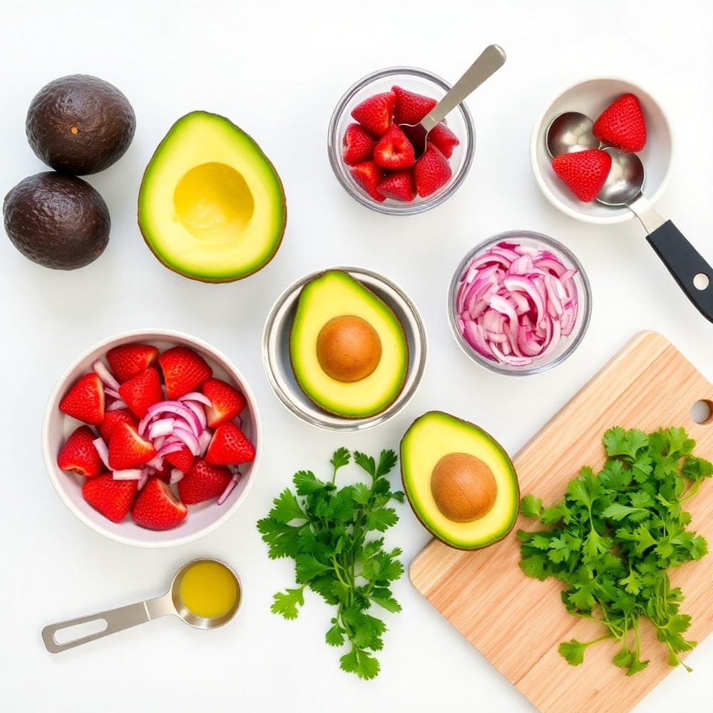 Ingredients for Fresh Strawberry Salsa Stuffed Avocados