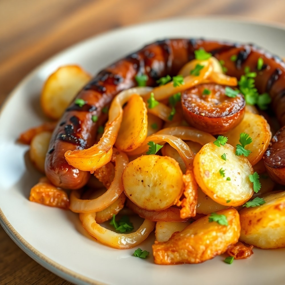 Plated crispy fried potatoes, onions, and smoked Polish sausage with chopped parsley