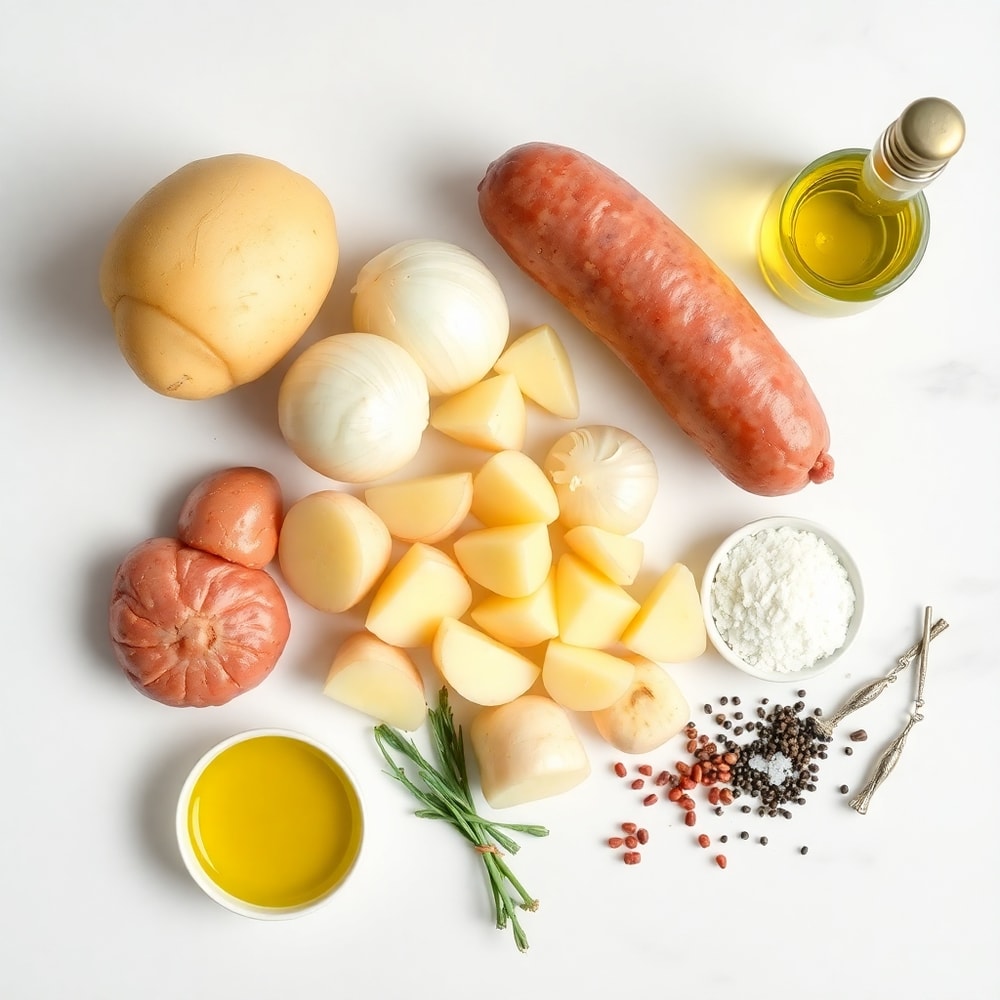 Raw potatoes, onions, smoked Polish sausage, olive oil, salt, and pepper arranged on a white marble surface