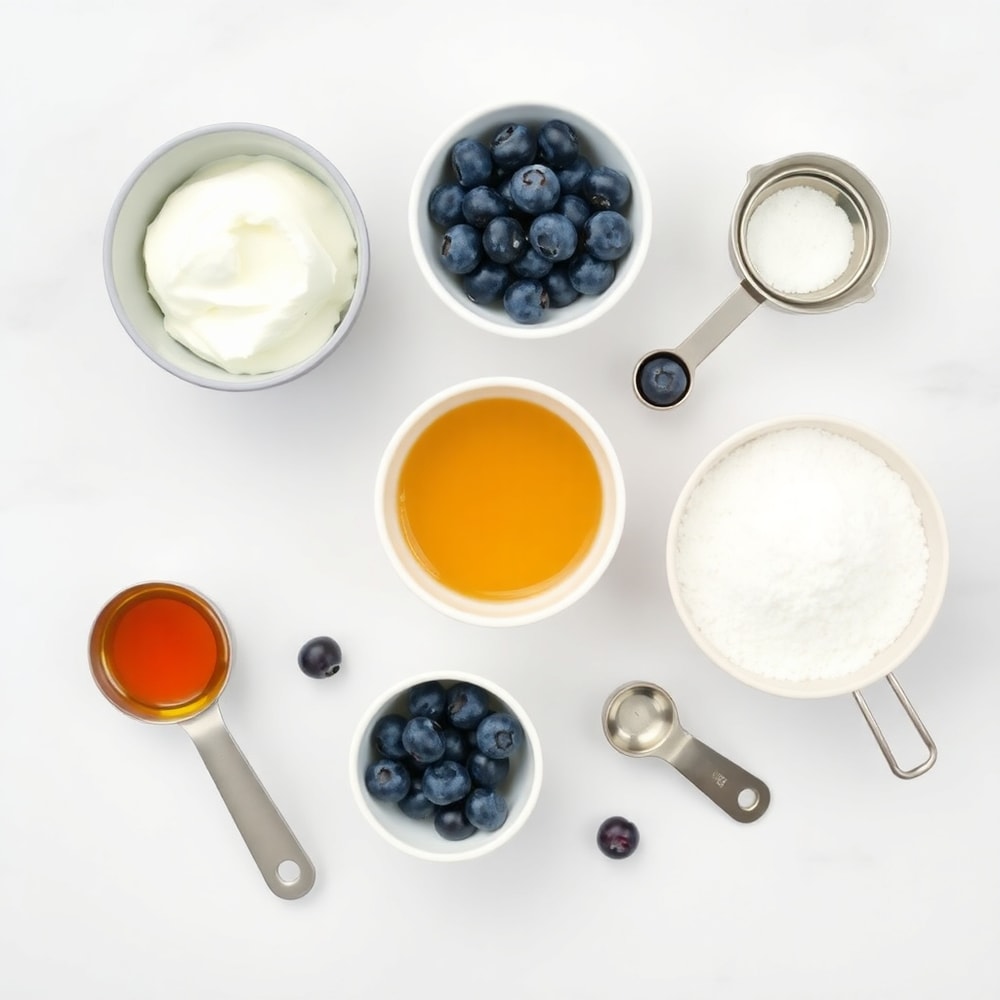 Blueberries, Greek yogurt, honey, vanilla extract, and powdered sugar on a wooden surface
