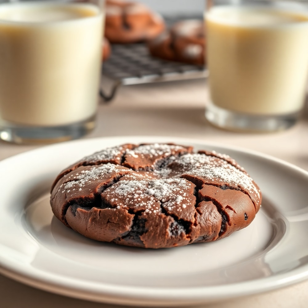 Plated Fudgy Chocolate Brownie Cookies with a glass of milk