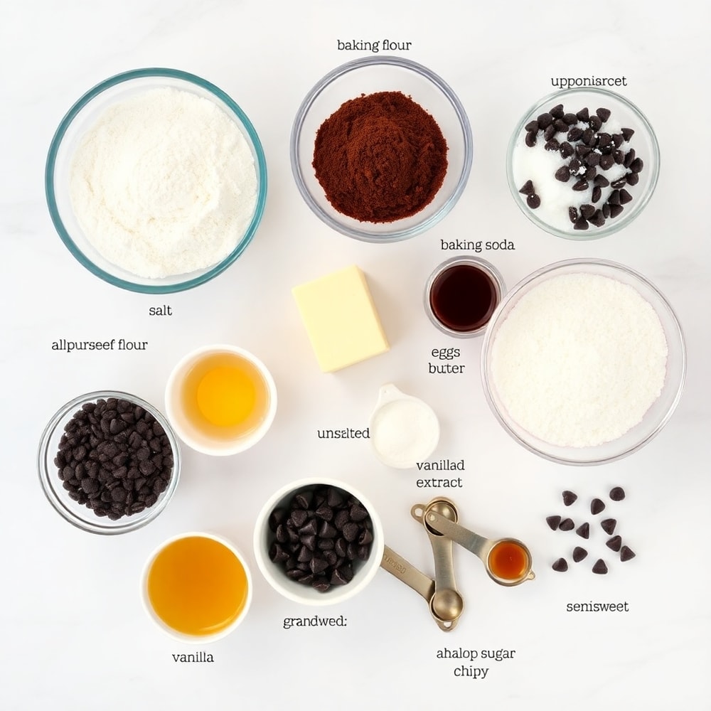 Raw ingredients for Fudgy Chocolate Brownie Cookies including chocolate chips, flour, and butter