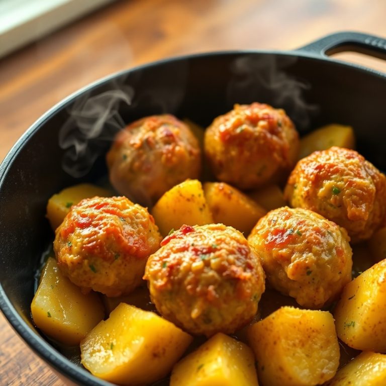 garlic butter one-pan meatballs and potatoes