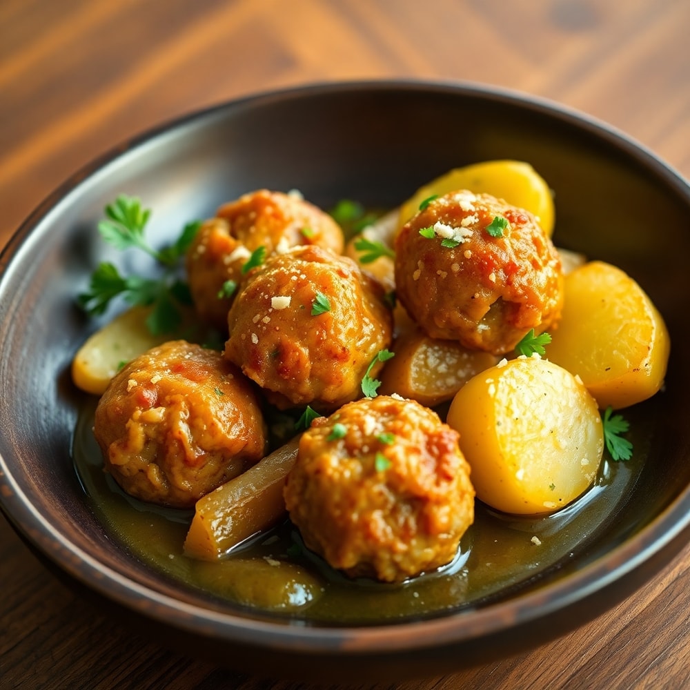 Plated garlic butter meatballs and potatoes