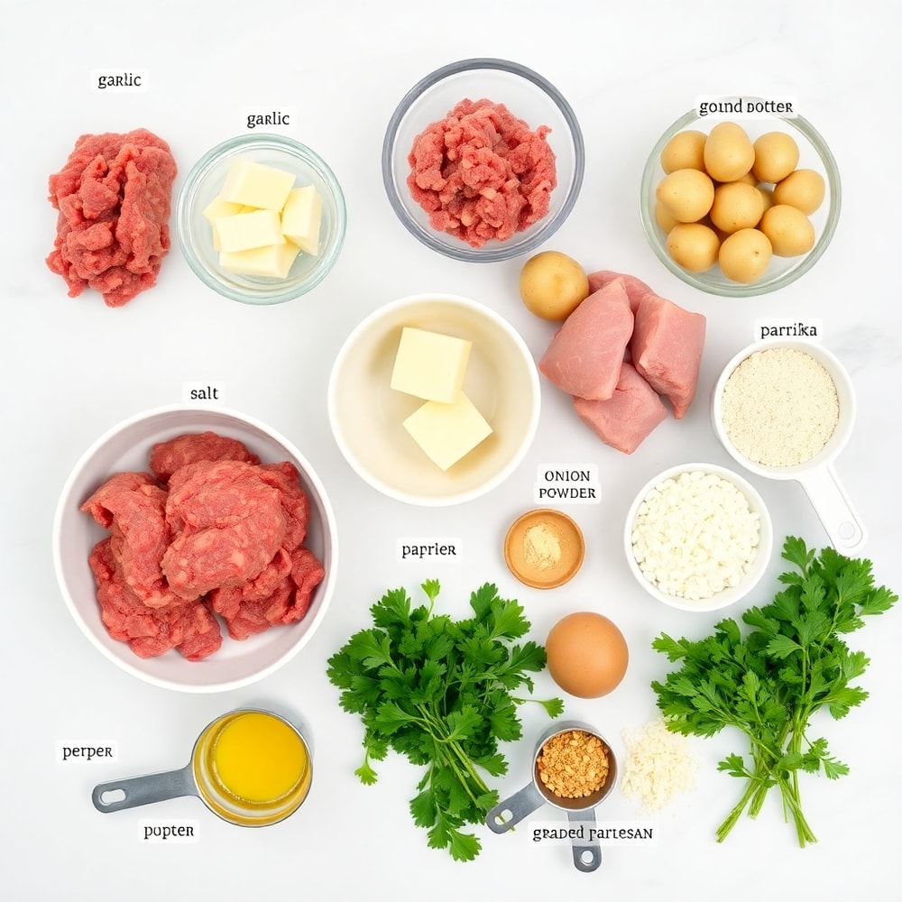 Raw ingredients for garlic butter meatballs and potatoes
