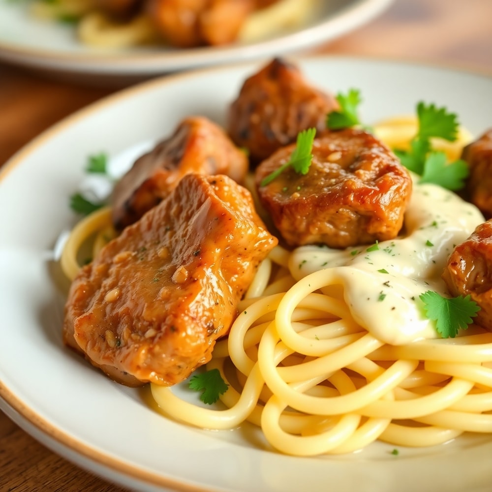 Garlic Butter Steak Bites with Parmesan Cream Pasta plated