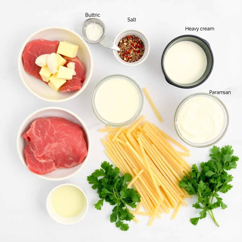 Raw ingredients for Garlic Butter Steak Bites with Parmesan Cream Pasta