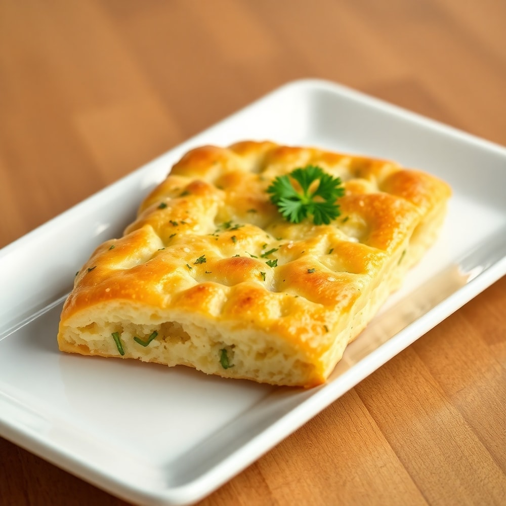 Plated Garlic Parmesan Focaccia with fresh parsley garnish
