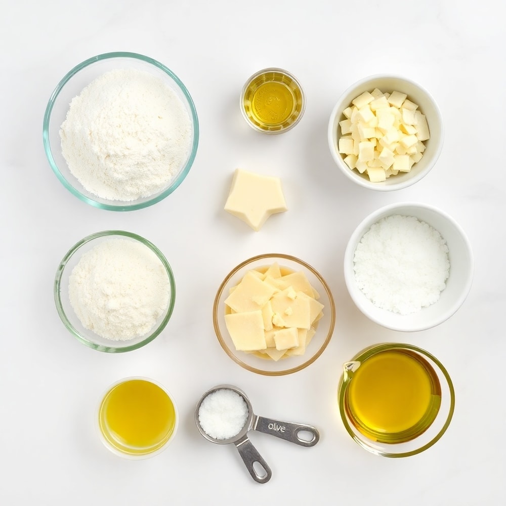 Raw ingredients for Garlic Parmesan Focaccia: flour, yeast, garlic, parmesan, olive oil, salt, and warm water