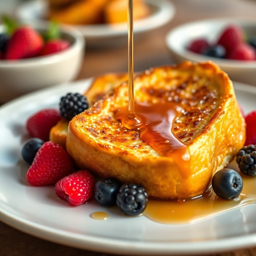 Golden French Toast plated with fresh berries and a drizzle of syrup