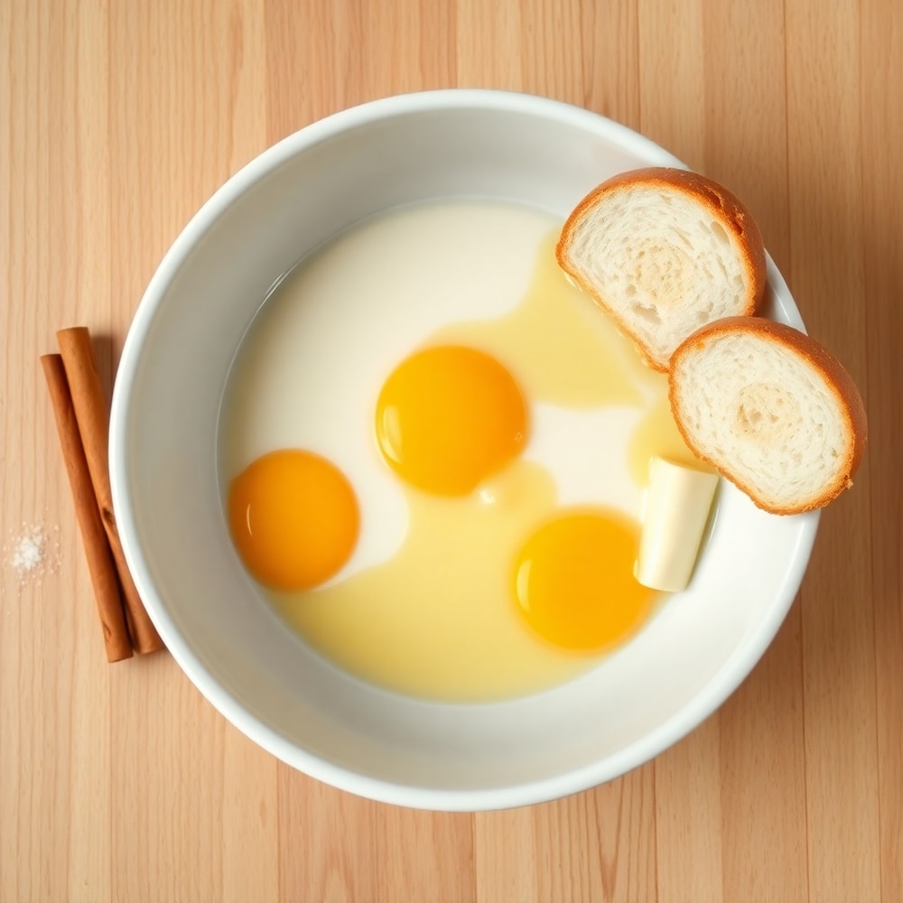 Bowl of eggs, milk, vanilla extract, bread slices, cinnamon, salt, butter, and maple syrup on a wooden surface
