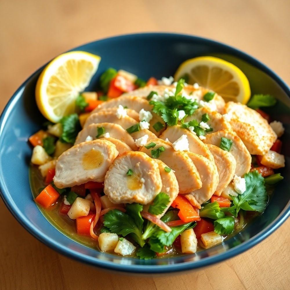 Greek Chicken Bowl plated with chicken, vegetables, and dressing