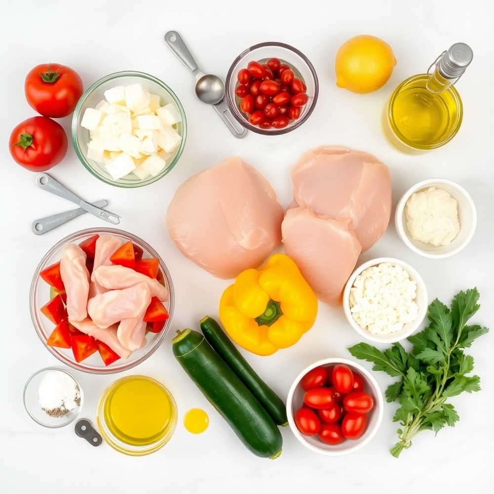 Raw ingredients for Greek Chicken Bowl including chicken, vegetables, and dressing