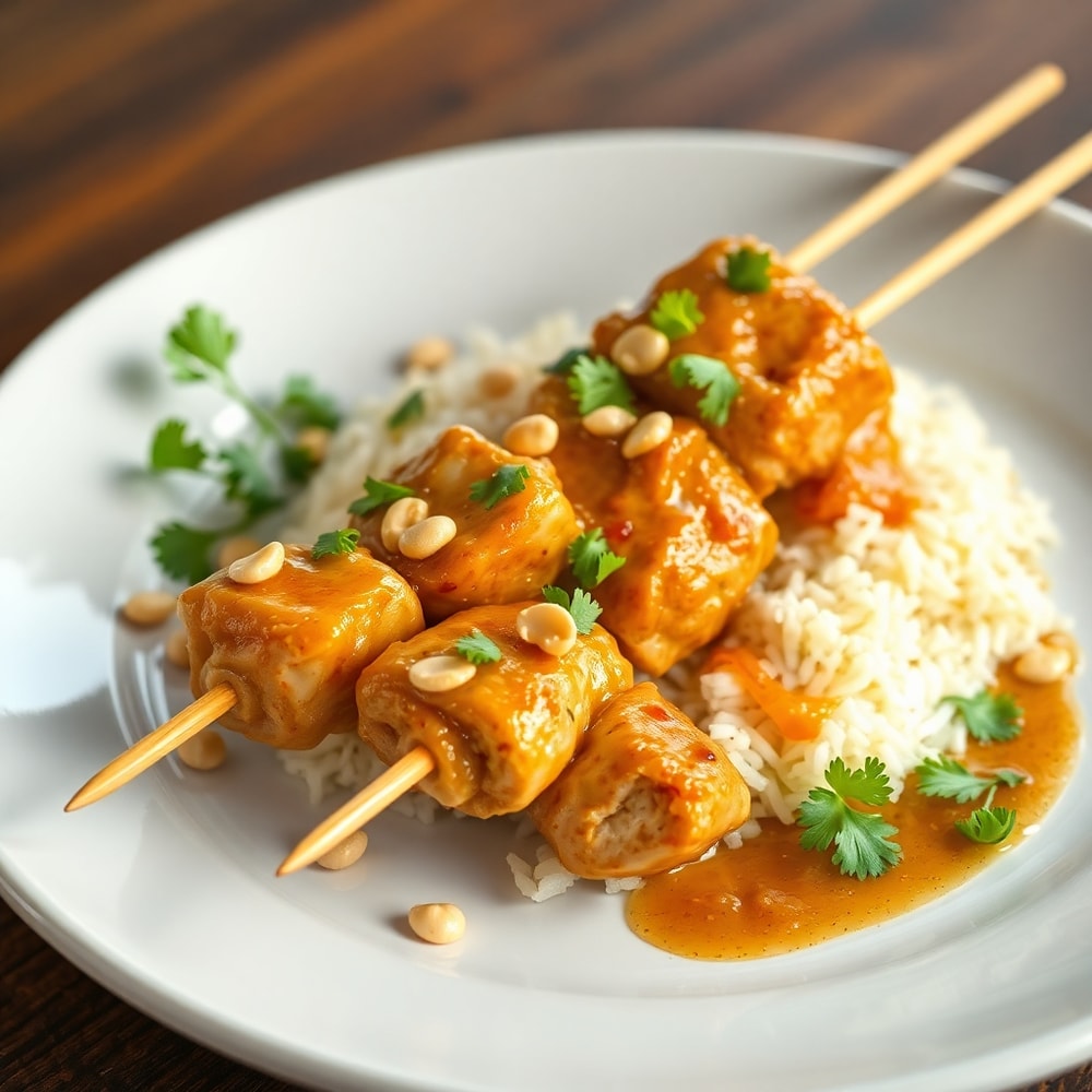 Plated Thai Coconut Chicken Skewers with garnish