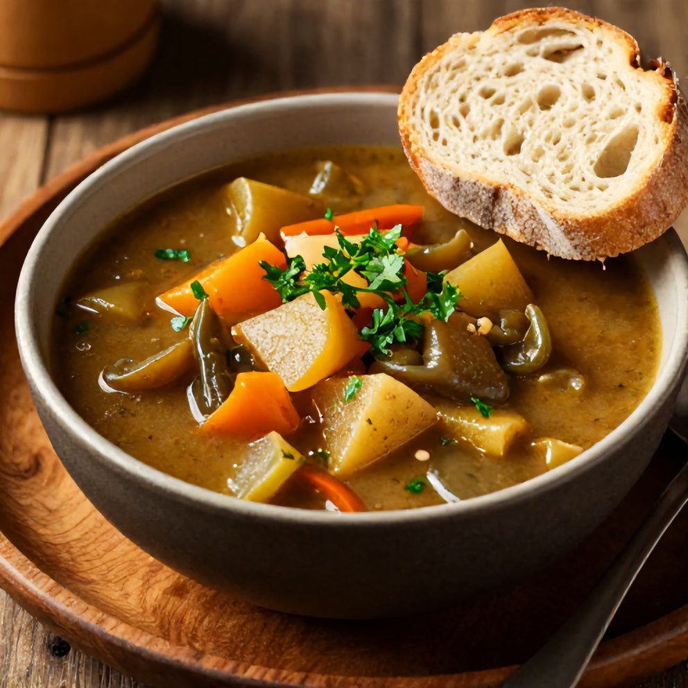 Bowl of Irish Vegetarian Stew with crusty bread