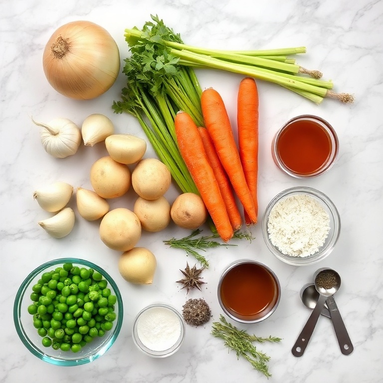 Raw ingredients for Irish Vegetarian Stew on a marble surface