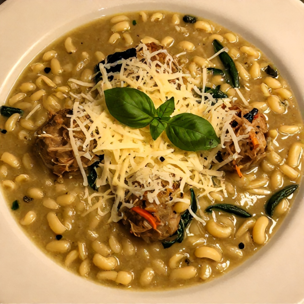Plated turkey meatball soup with orzo and spinach