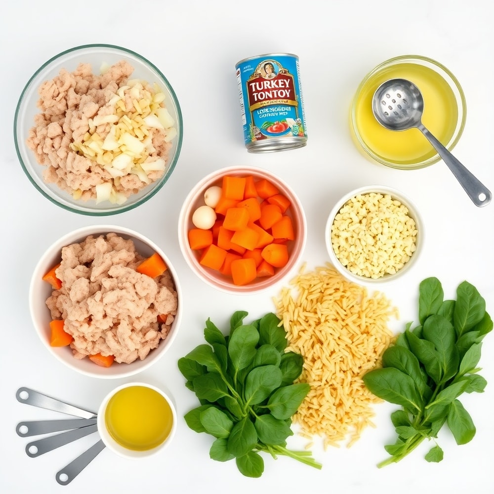 Raw ingredients for turkey meatball soup with orzo and spinach
