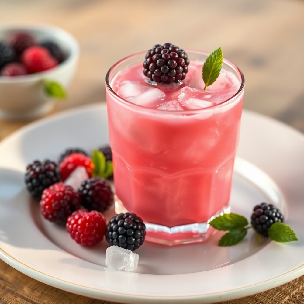 Homemade Blackberry Coconut Pink Drink garnished with a blackberry and served in a glass