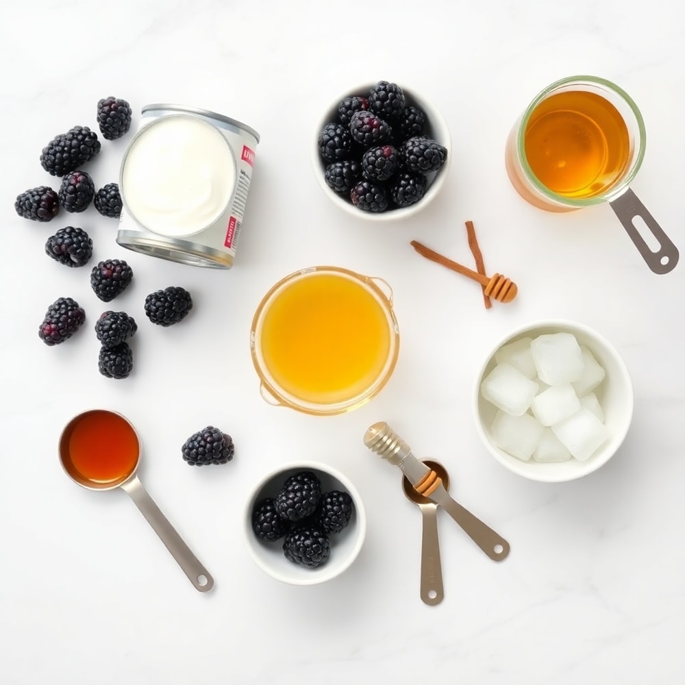 Ingredients for Homemade Blackberry Coconut Pink Drink laid out on a wooden surface
