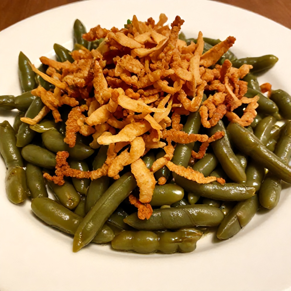 A serving of homemade green bean casserole with crispy fried onions on a white plate
