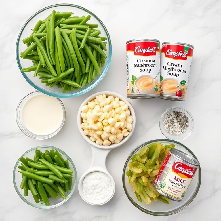 Fresh green beans, canned cream of mushroom soup, milk, frozen fried onions, salt, and pepper arranged in prep bowls on a wooden surface
