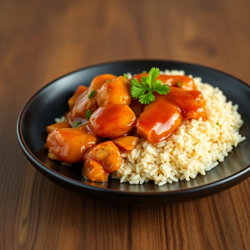 A perfect serving of Honey BBQ Chicken and Rice on a plate, garnished with fresh parsley
