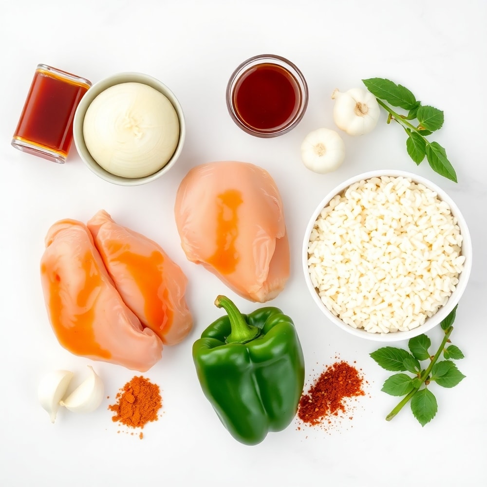 Raw ingredients for Honey BBQ Chicken and Rice: chicken, rice, honey, BBQ sauce, bell peppers, onions, garlic, and spices