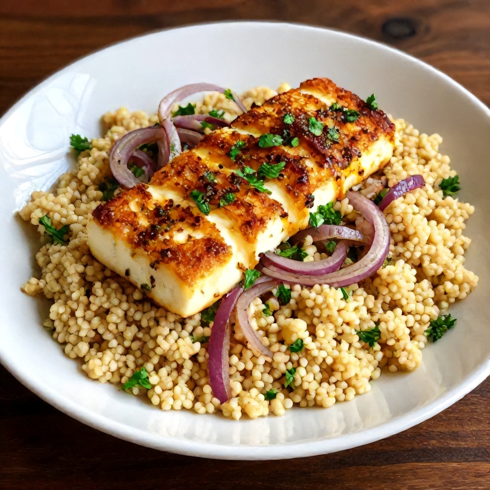 Honey Halloumi Couscous Salad with Sumac Onions