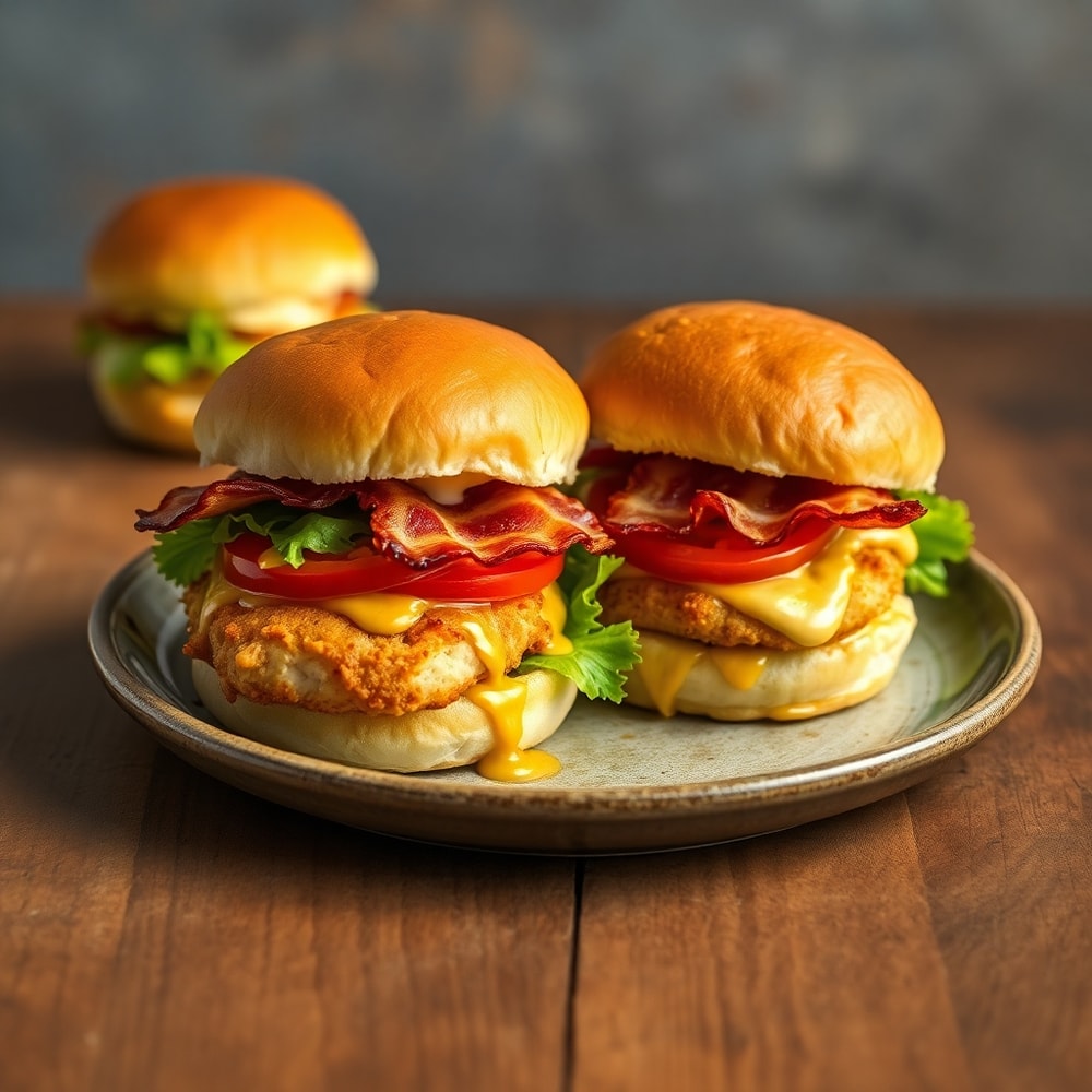 Plated Honey Mustard BLT Chicken Sliders on a rustic plate