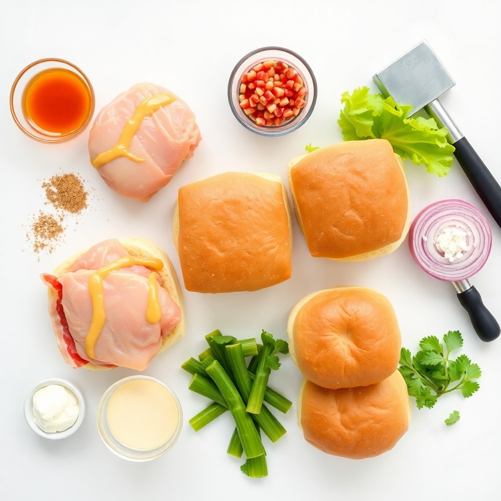 Raw ingredients for Honey Mustard BLT Chicken Sliders on a marble surface