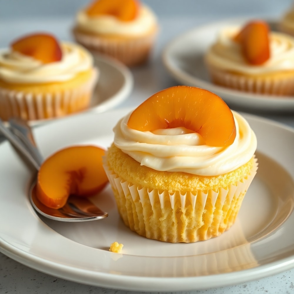 Honey Peach Cream Cheese Cupcakes with peach topping and cream cheese frosting