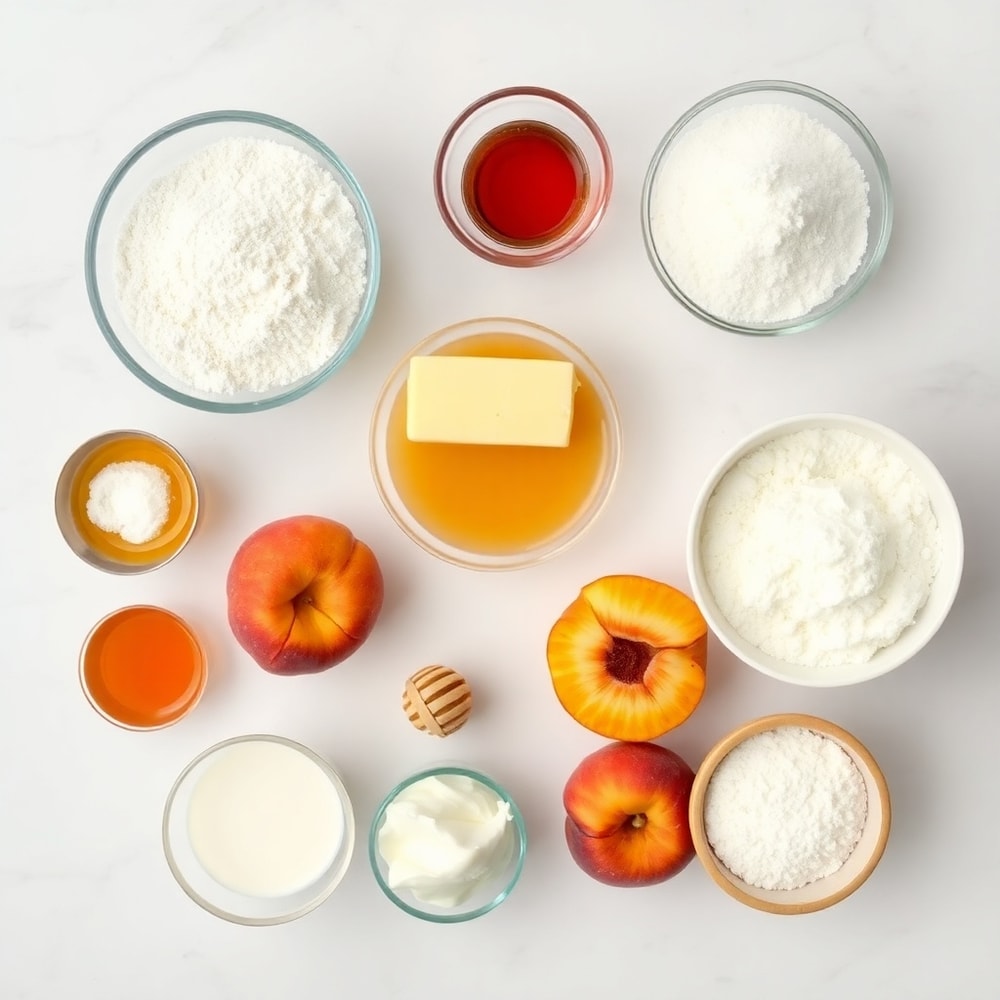 Honey, peaches, cream cheese, flour, sugar, and other ingredients for Honey Peach Cream Cheese Cupcakes