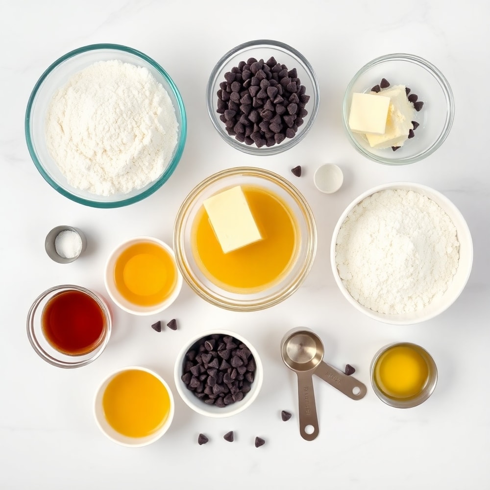 Chocolate chips, flour, sugar, butter, eggs, and vanilla extract on a marble surface