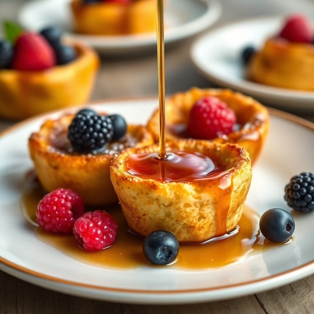 French Toast Cups plated with syrup and fresh berries