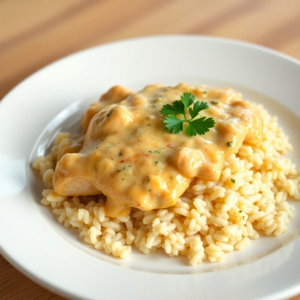 Plated Smothered Chicken and Rice with garnish
