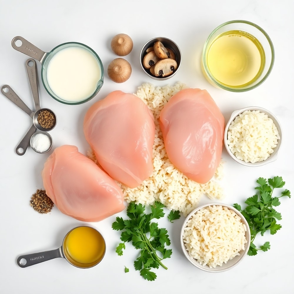 Raw ingredients for Smothered Chicken and Rice laid out
